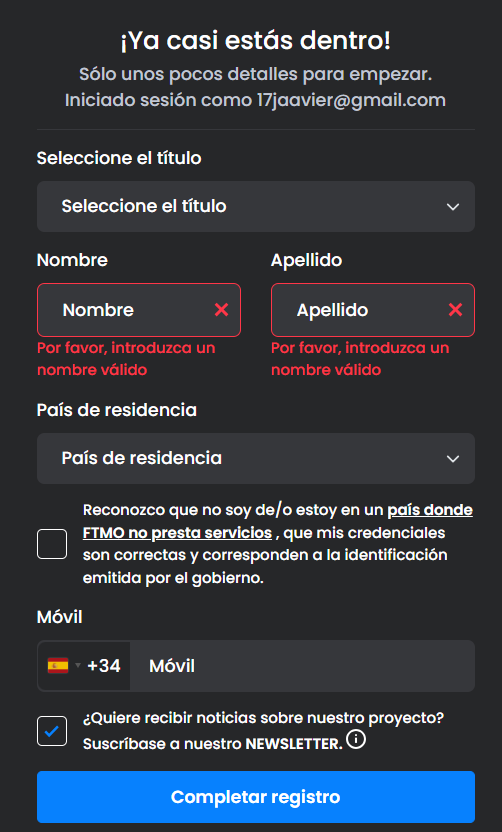 Datos personales FTMO