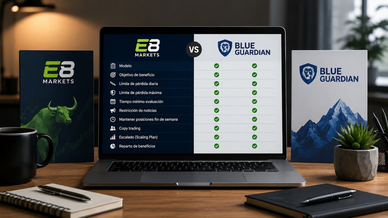 Comparativa de reglas entre E8 Markets y Blue Guardian en julio