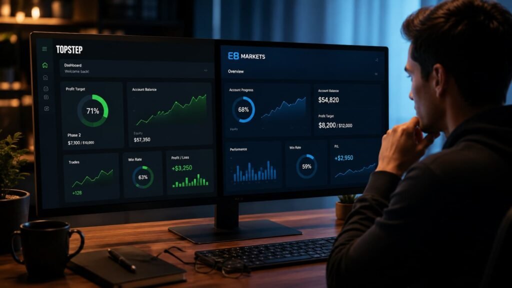 Comparativa mensual de Topstep y E8 Markets para traders de fondeo