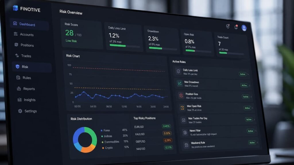Dashboard de Finotive con métricas de riesgo y reglas visibles para traders.