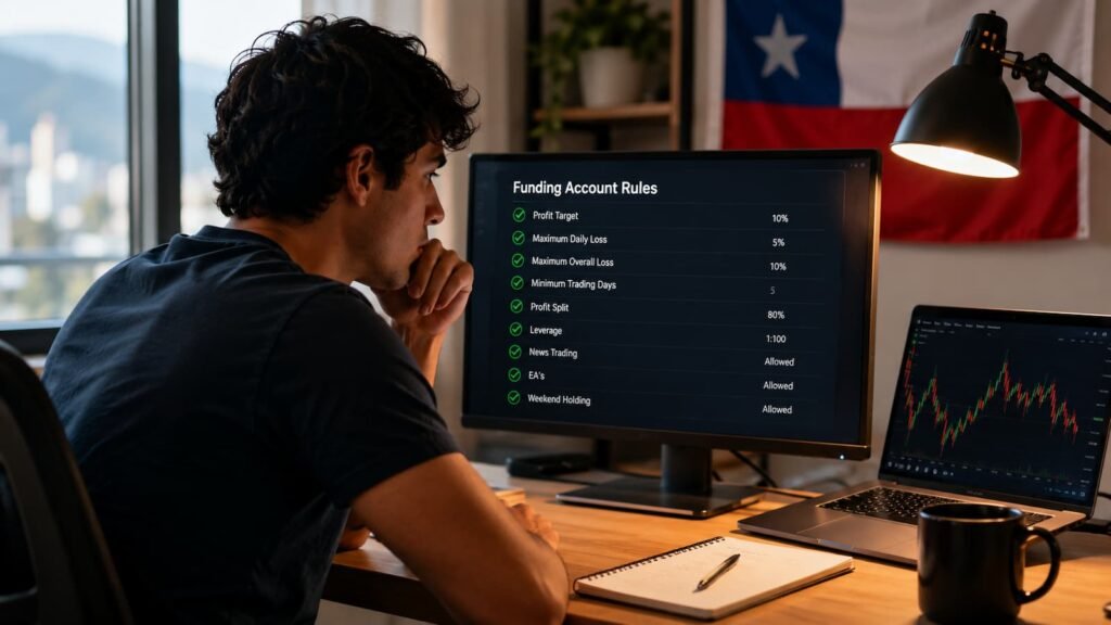 Trader chileno revisando reglas de una cuenta de fondeo en julio