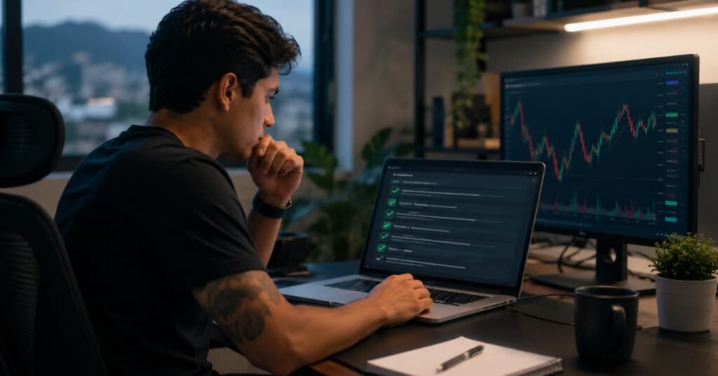 Trader colombiano revisando reglas de una cuenta de fondeo