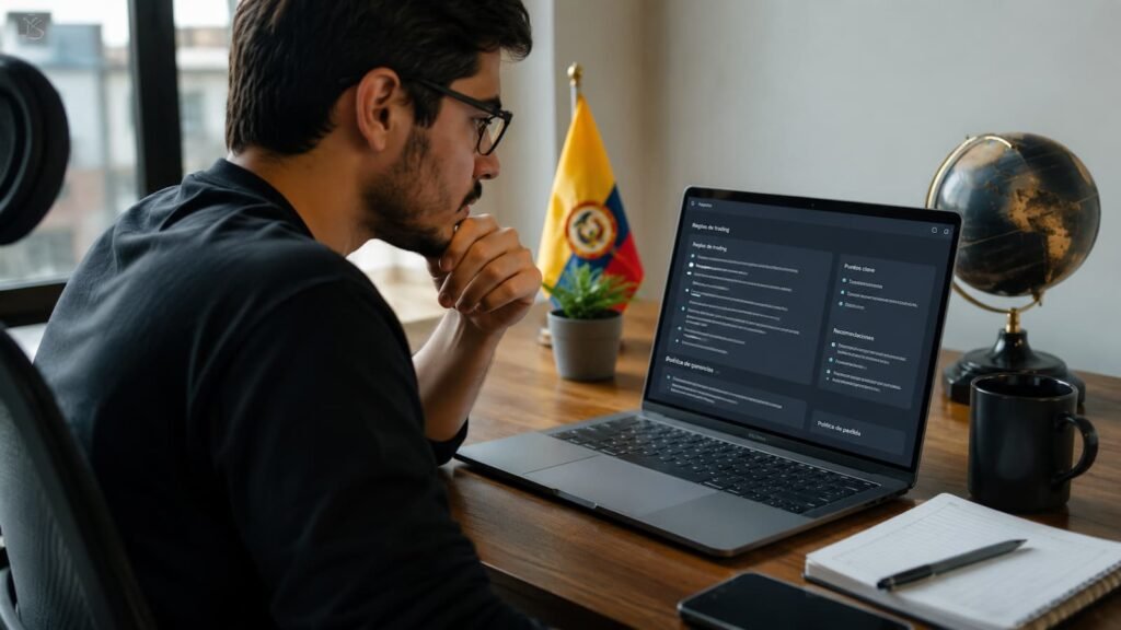 Trader colombiano revisando reglas de una cuenta de fondeo antes de pagar un challenge