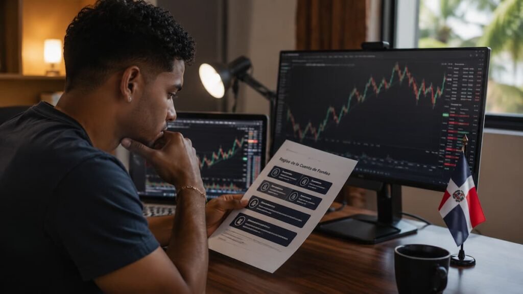 Trader dominicano revisando reglas de una cuenta de fondeo