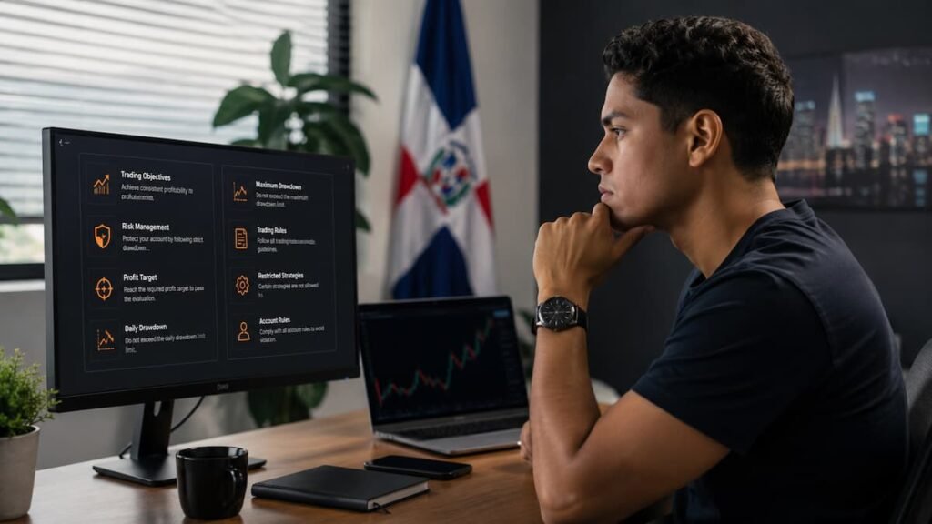 Trader dominicano revisando reglas de una cuenta de fondeo antes de pagar