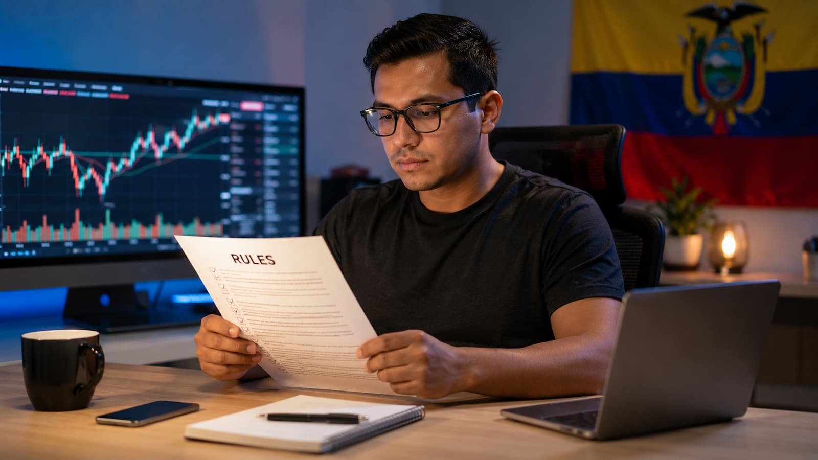 Trader ecuatoriano revisando reglas antes de pagar una cuenta de fondeo.