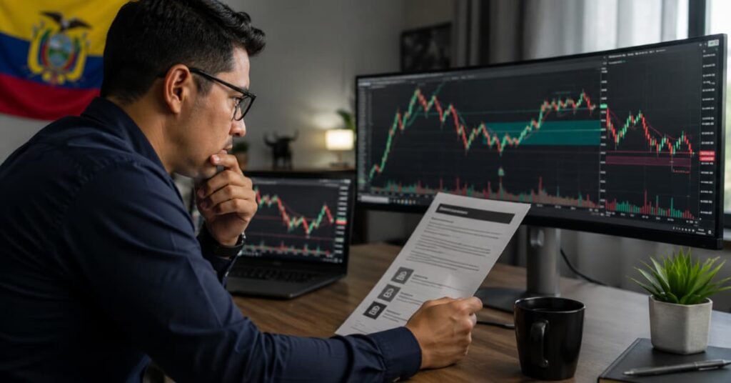 Trader ecuatoriano revisando reglas de una cuenta de fondeo