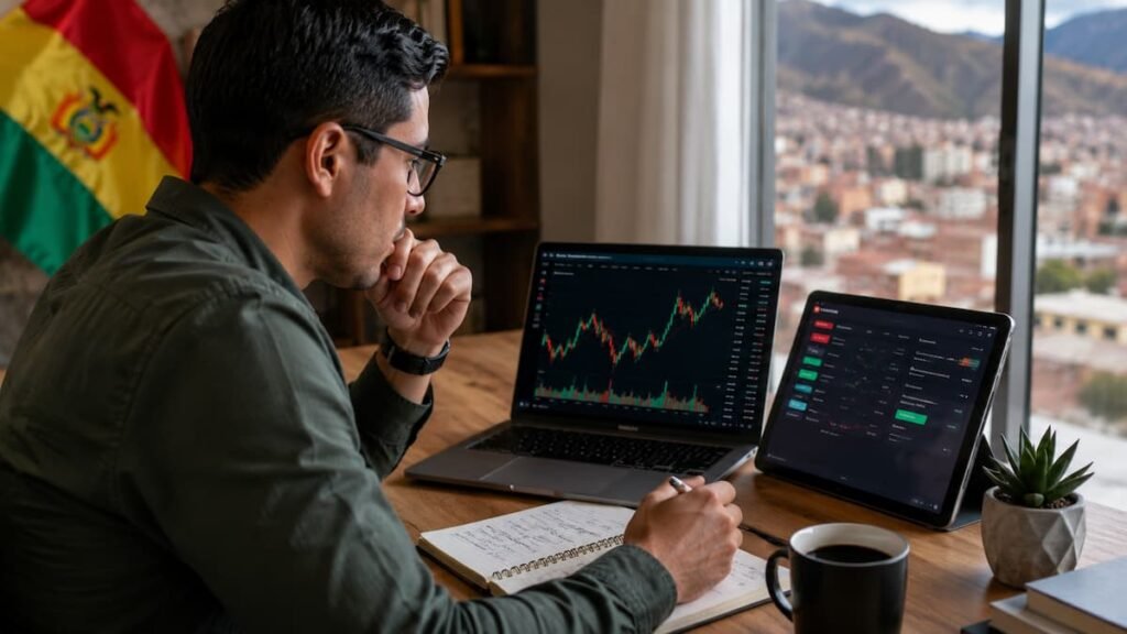 Trader en Bolivia comparando cuentas de fondeo y reglas de riesgo