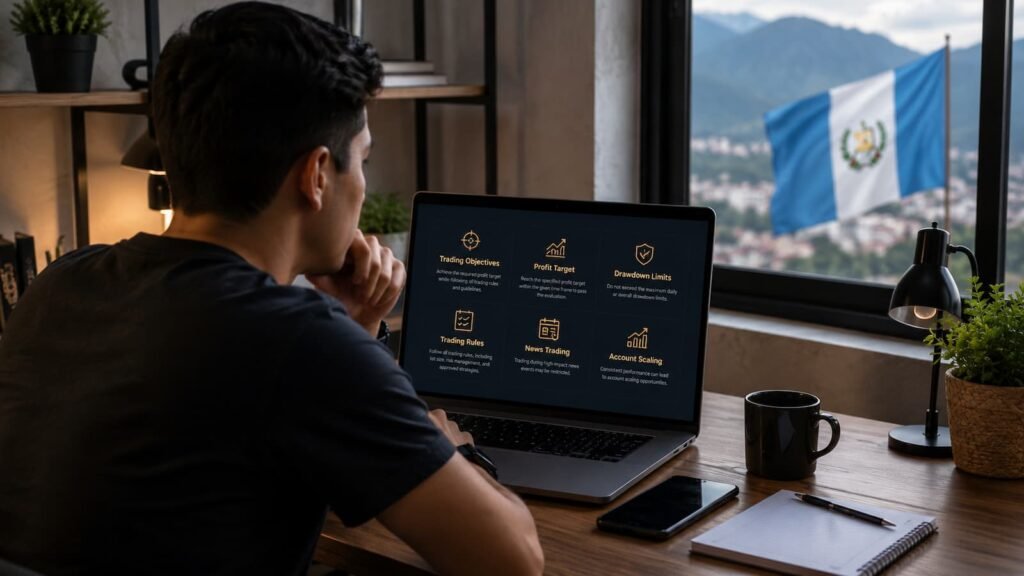Trader en Guatemala revisando reglas de una cuenta de fondeo