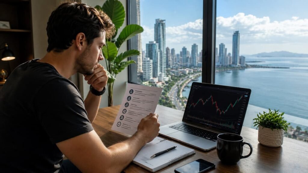 Trader en Panamá revisando reglas de cuentas de fondeo antes de pagar una prueba