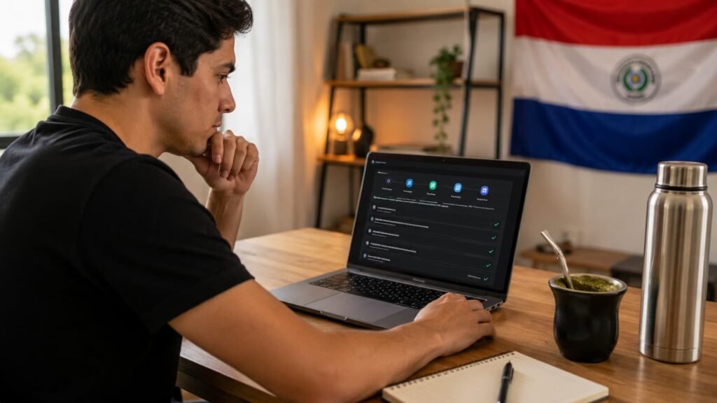 Trader en Paraguay revisando reglas de una cuenta de fondeo antes de pagar.