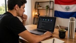 Trader en Paraguay revisando reglas de una cuenta de fondeo antes de pagar.