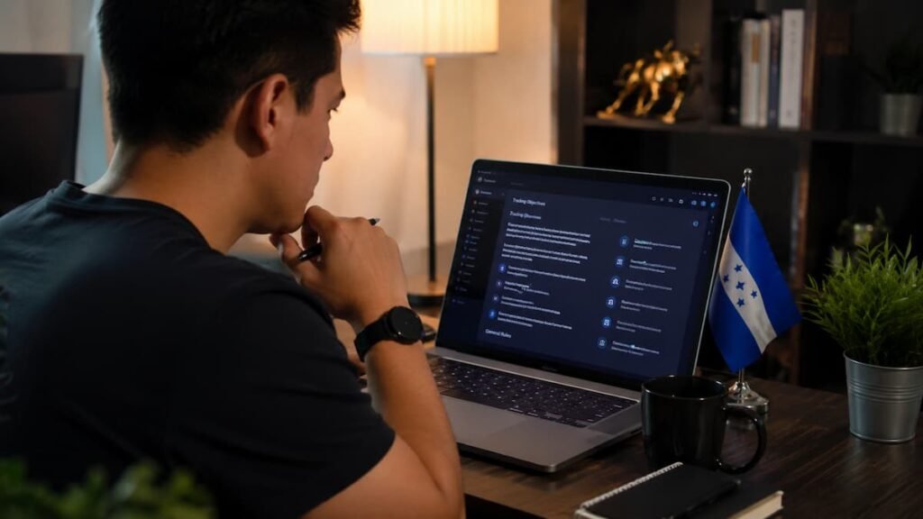 Trader hondureño revisando reglas de una cuenta de fondeo online.