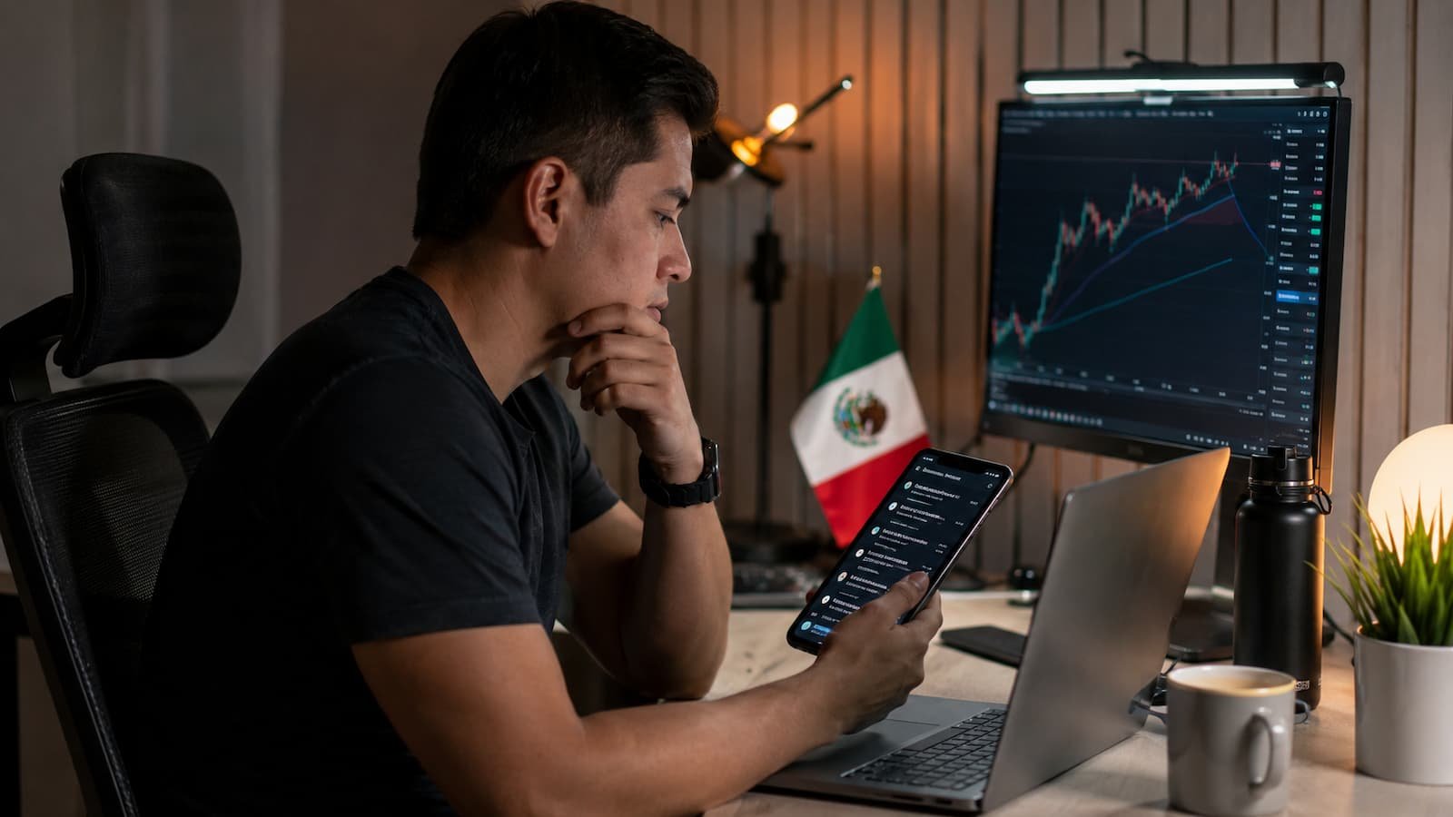 Trader mexicano revisando reglas de una cuenta de fondeo antes de pagar un challenge