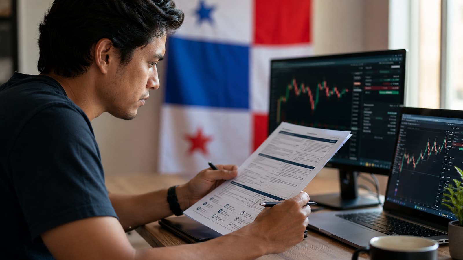 Trader panameño revisando reglas de una cuenta de fondeo