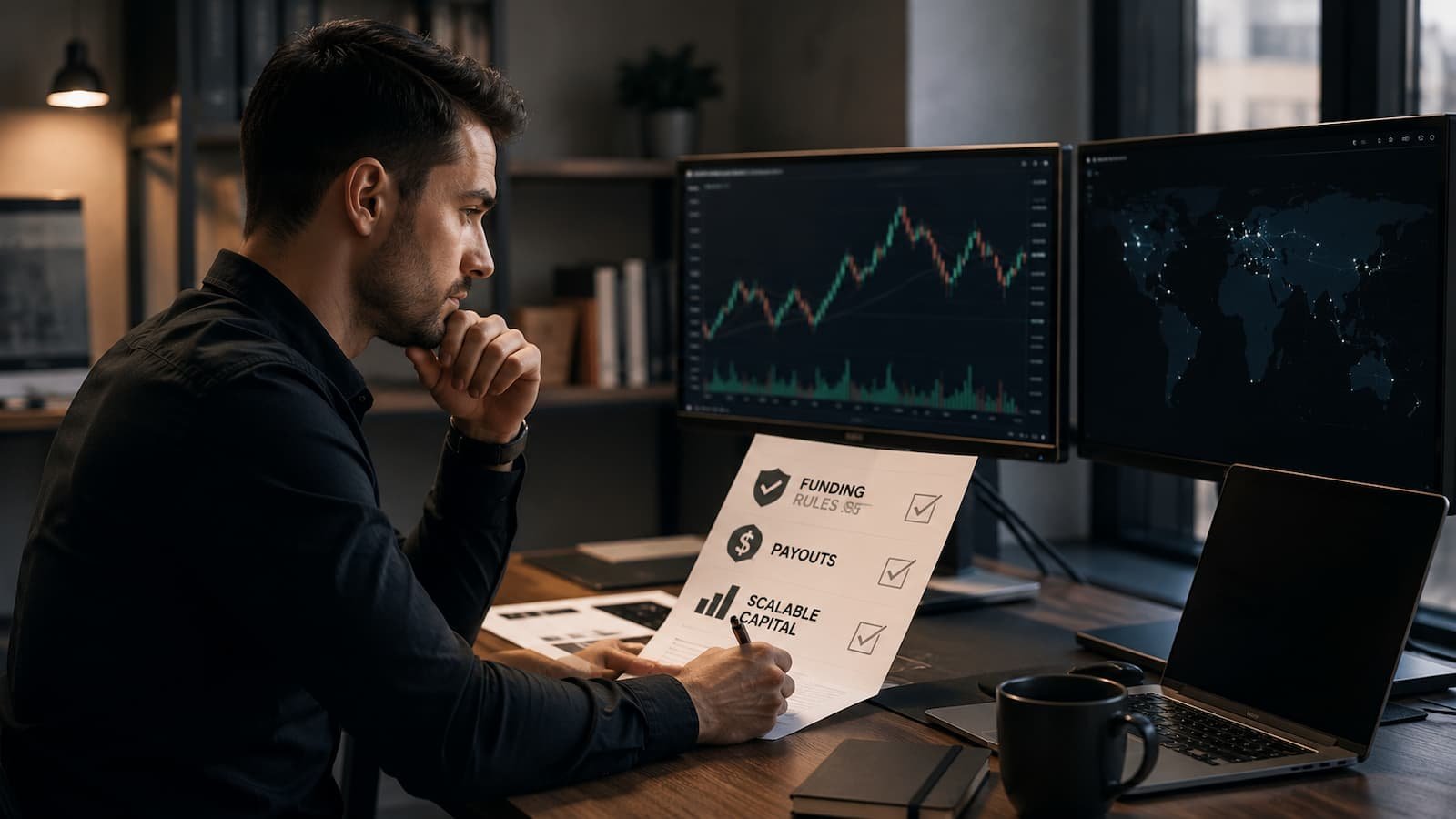 Trader profesional revisando reglas de fondeo payouts y capital escalable
