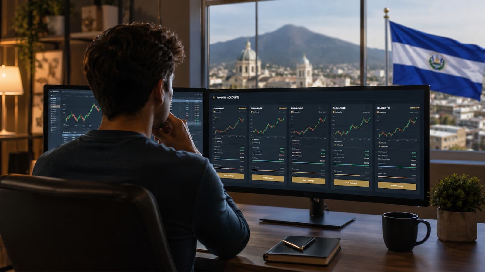Trader revisando cuentas de fondeo disponibles en El Salvador