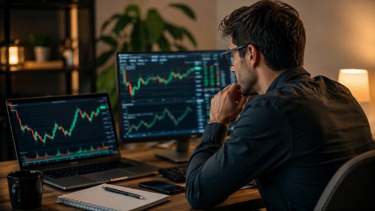 Trader revisando cuentas de fondeo para operar índices estadounidenses