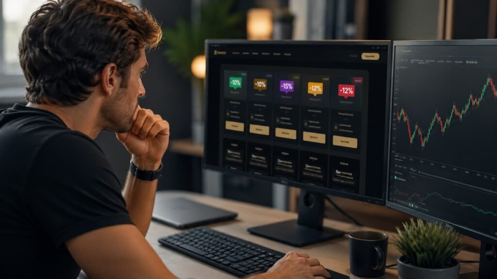Trader revisando descuentos de fondeo antes de pagar un challenge