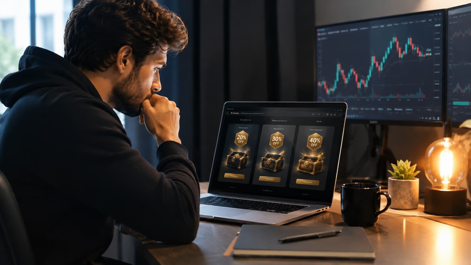 Trader revisando descuentos de julio en cuentas de fondeo de 200.000 $