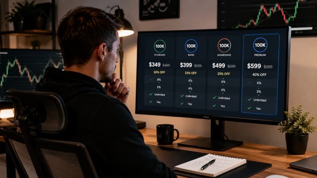 Trader revisando descuentos y reglas de cuentas fondeadas de 100K