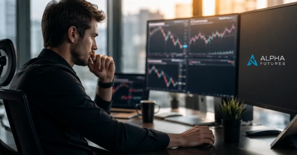 Trader revisando el Path to Live de Alpha Futures antes de pasar a live