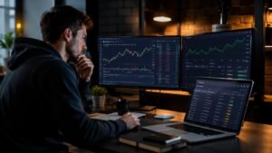Trader revisando plataformas y reglas de payout en una cuenta de futuros