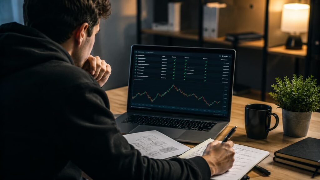 Trader revisando reglas de EA antes de elegir una cuenta de fondeo.