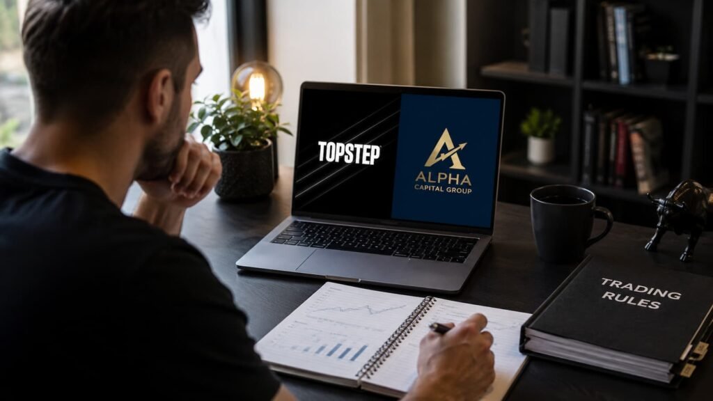 Trader revisando reglas de Topstep y Alpha Capital Group en julio