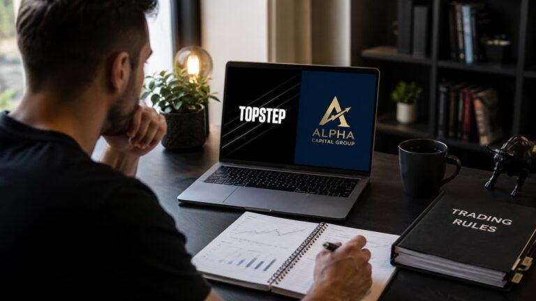 Trader revisando reglas de Topstep y Alpha Capital Group en julio