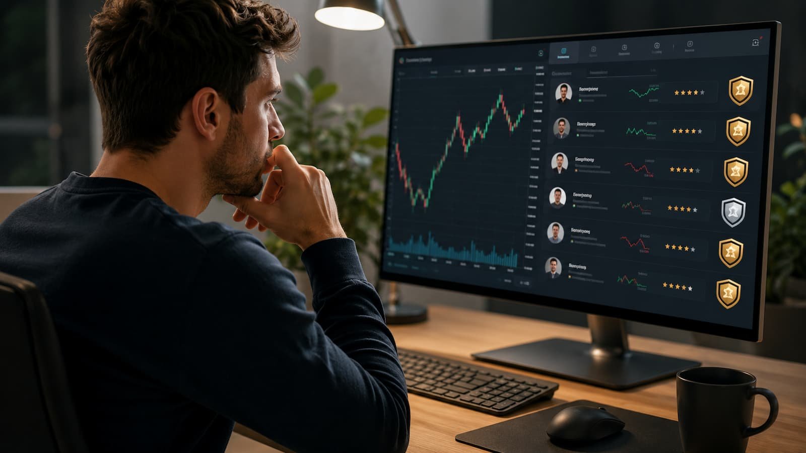 Trader revisando reglas de copy trading antes de elegir una cuenta de fondeo