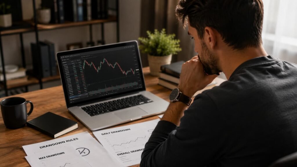 Trader revisando reglas de drawdown antes de elegir cuenta de fondeo
