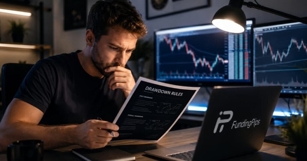 Trader revisando reglas de drawdown antes de reclamar a FundingPips