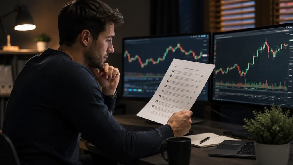 Trader revisando reglas de fondeo antes de operar una cuenta