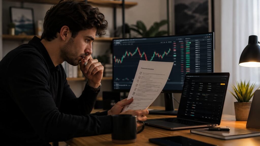 Trader revisando reglas de fondeo antes de pagar un challenge