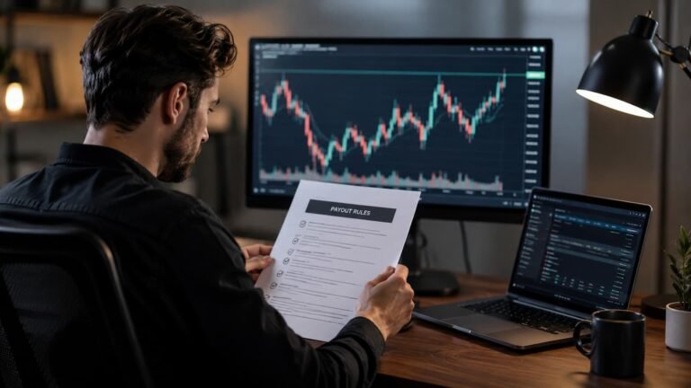 Trader revisando reglas de payout antes de solicitar retiro