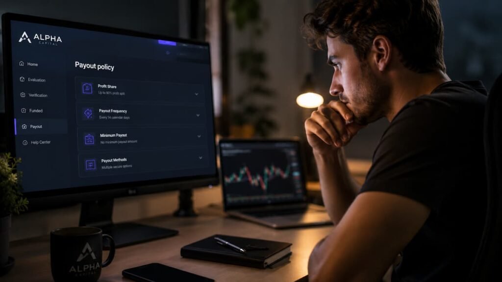 Trader revisando reglas de payout en Alpha Capital