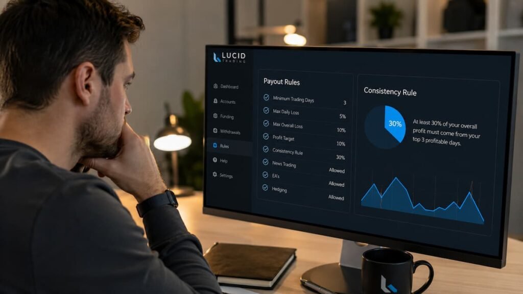Trader revisando reglas de payout y consistencia en Lucid Trading
