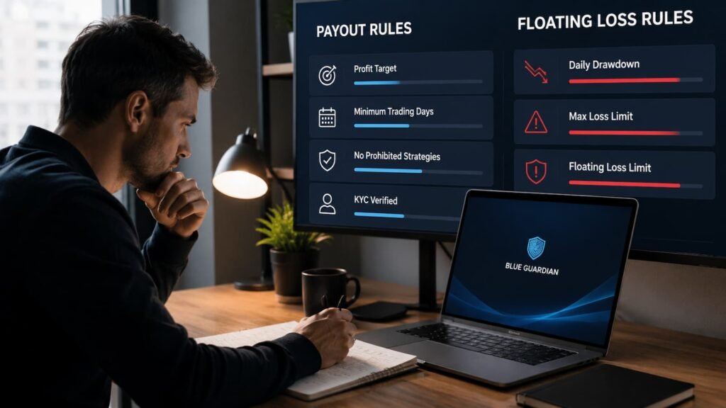 Trader revisando reglas de payout y pérdida flotante en Blue Guardian