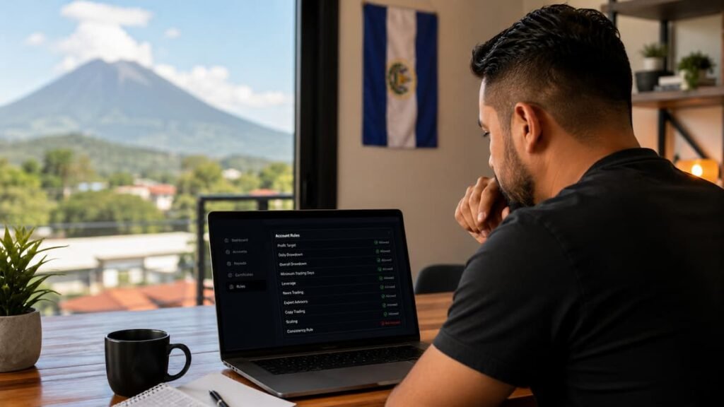 Trader revisando reglas de una cuenta de fondeo desde El Salvador