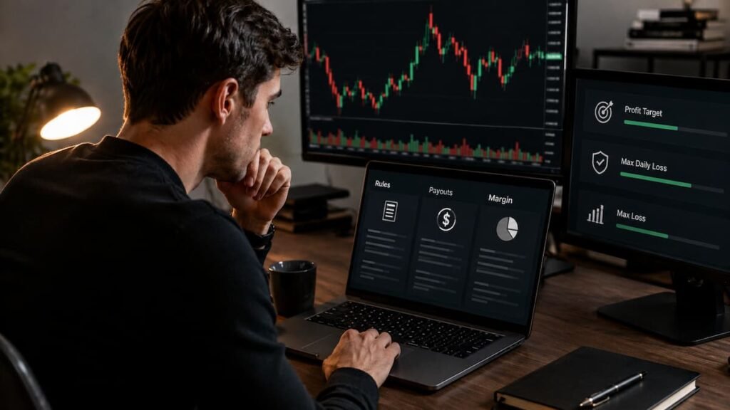 Trader revisando reglas pagos y margen en una cuenta fondeada