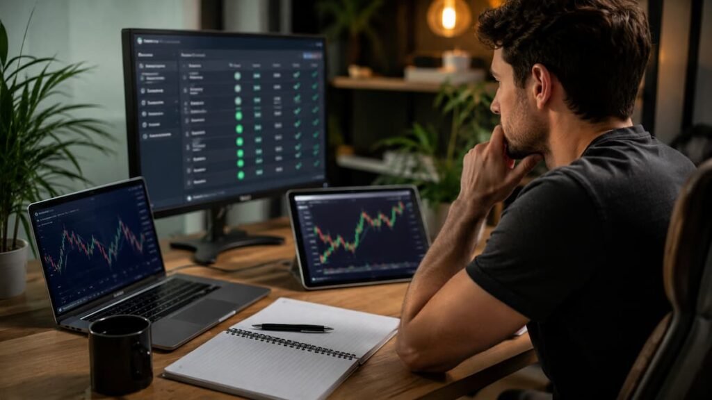 Trader revisando reglas pagos y plataformas antes de elegir una cuenta fondeada
