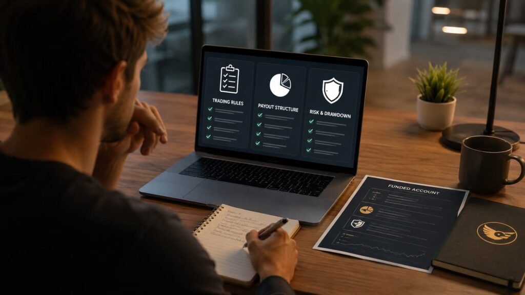 Trader revisando reglas payouts y drawdown antes de operar una cuenta fondeada