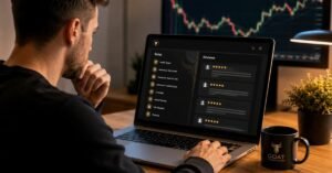Trader revisando reglas y reseñas de Goat Funded Trader antes de pagar una prueba.