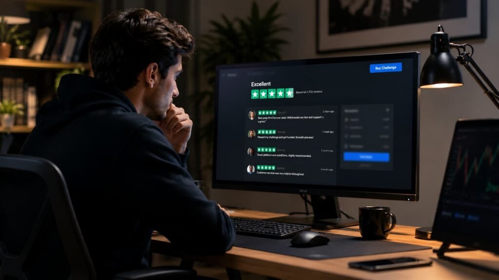 Trader revisando reseñas antes de pagar un challenge de fondeo