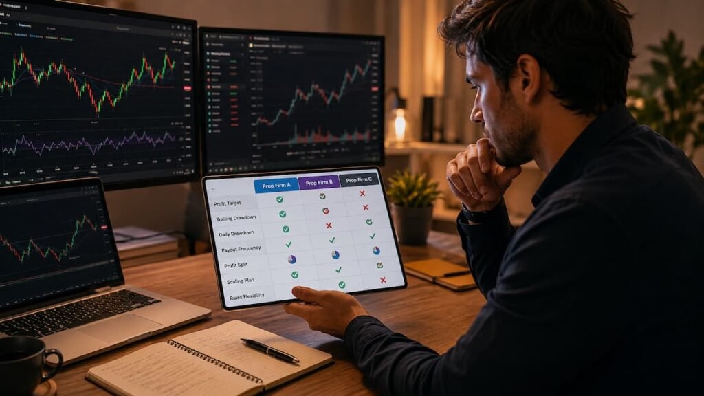 Trader uruguayo comparando cuentas de fondeo y reglas de payout