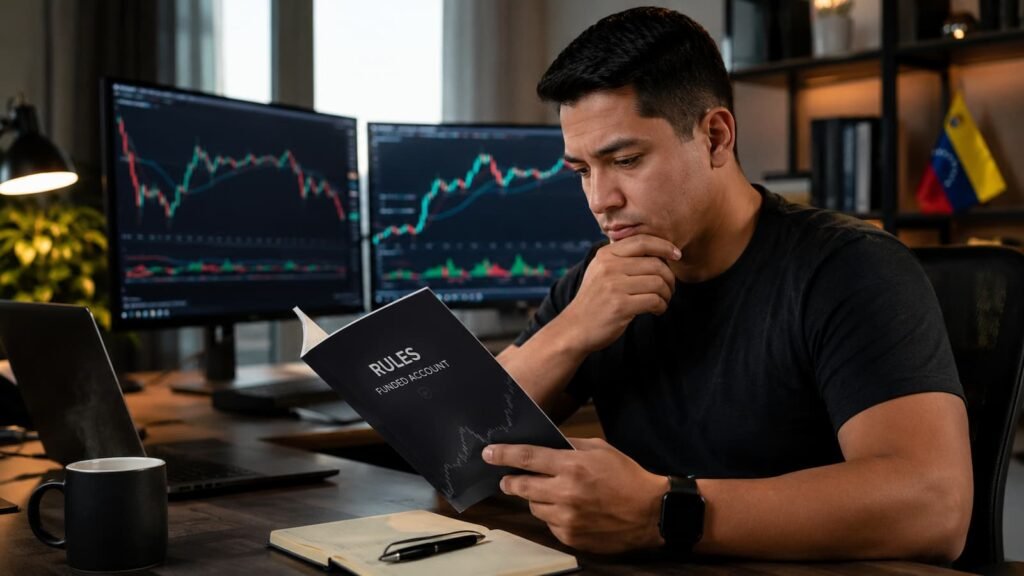 Trader venezolano revisando reglas de una cuenta de fondeo