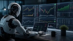 Bot de IA ejecutando futuros con reglas de riesgo en una cuenta de fondeo