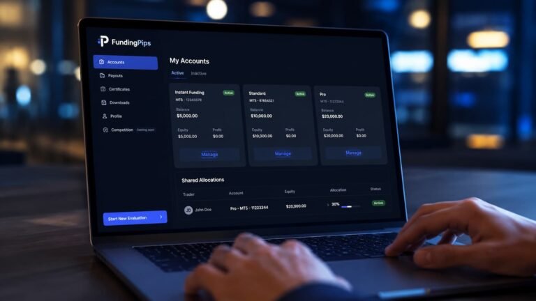 Dashboard de FundingPips con cuentas activas y asignación compartida.