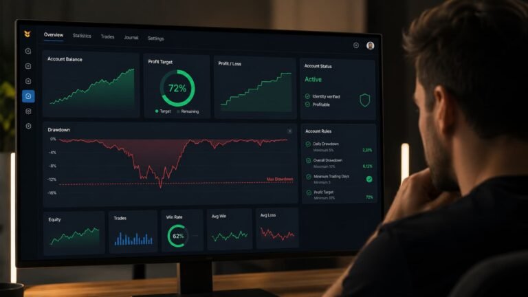 Dashboard de trading con métricas de drawdown en una cuenta fondeada